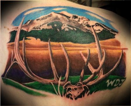Elk and Landscape Tattoo Thumbnail